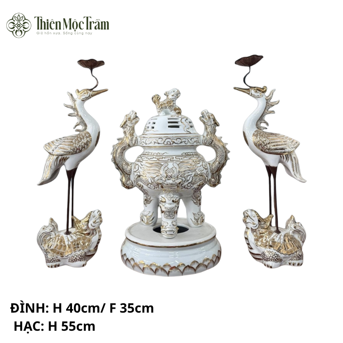 Bộ Đỉnh – Hạc Thờ Gốm Sứ Bát Tràng Men Rạn Đắp Nổi Vàng