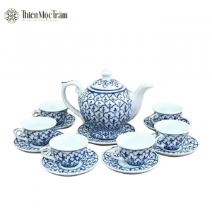 Bộ Ấm Chén Gốm Sứ Bát Tràng Lam Cổ Dáng Tú Cầu