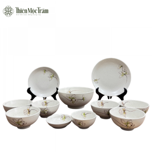 Bộ Bát Đĩa Gốm Sứ Bát Tràng Họa Tiết Hoa Sen Xanh