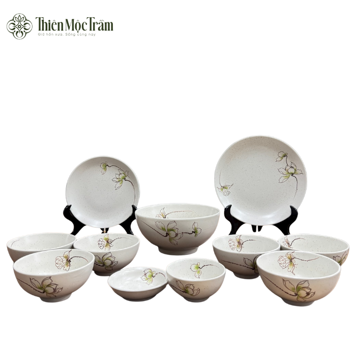 Bộ Bát Đĩa Gốm Sứ Bát Tràng Họa Tiết Hoa Sen Xanh