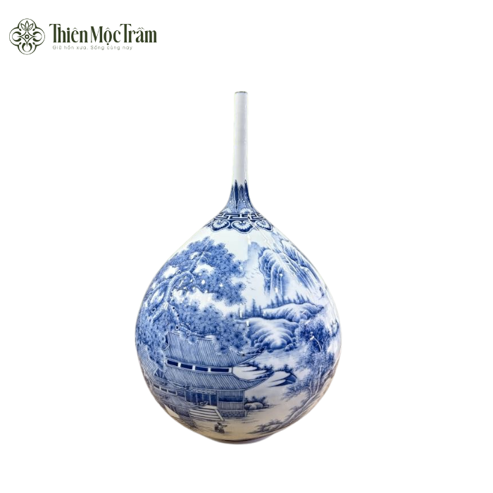 Lọ Tỏi Gốm Sứ Bát Tràng Họa Tiết Lam Cổ Phong Cảnh