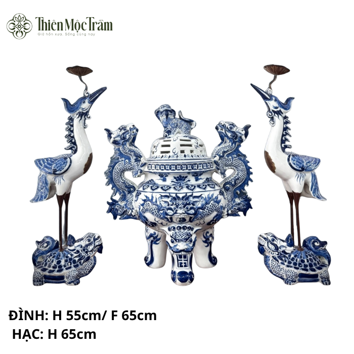Bộ Đỉnh – Hạc Thờ Gốm Sứ Bát Tràng Men Lam Cổ