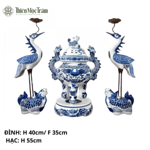 Bộ Đồ Thờ Cúng Men Lam Bát Tràng – Đỉnh Hương & Đôi Hạc Thờ