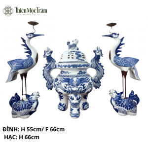 Bộ Đồ Thờ Cúng Bát Tràng Men Lam – Đỉnh Hương & Đôi Hạc Thờ