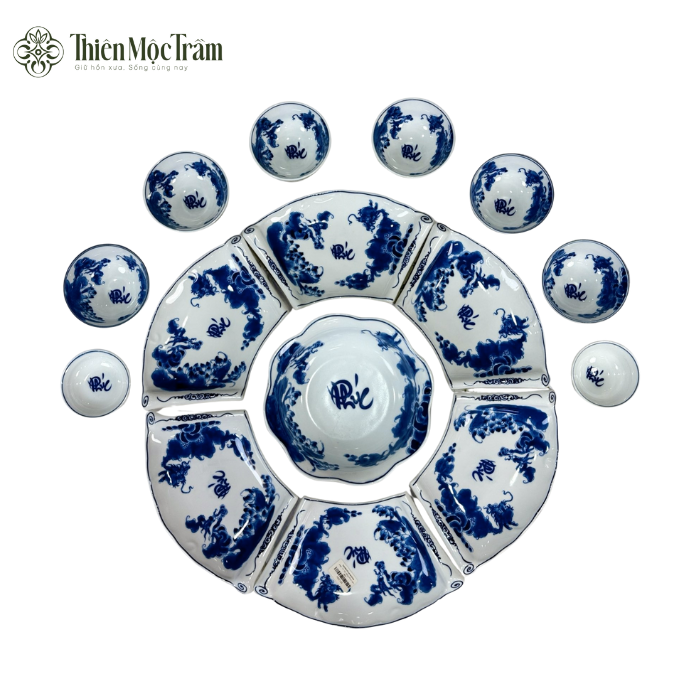 Bộ Đồ Ăn Gốm Sứ Bát Tràng Họa Tiết Lam Cổ Phúc