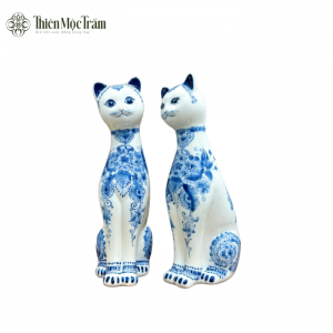 Cặp Tượng Mèo Bát Tràng Men Lam