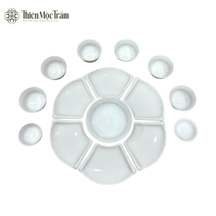 Bộ Khay Chén Gốm Sứ Bát Tràng Trắng Trơn