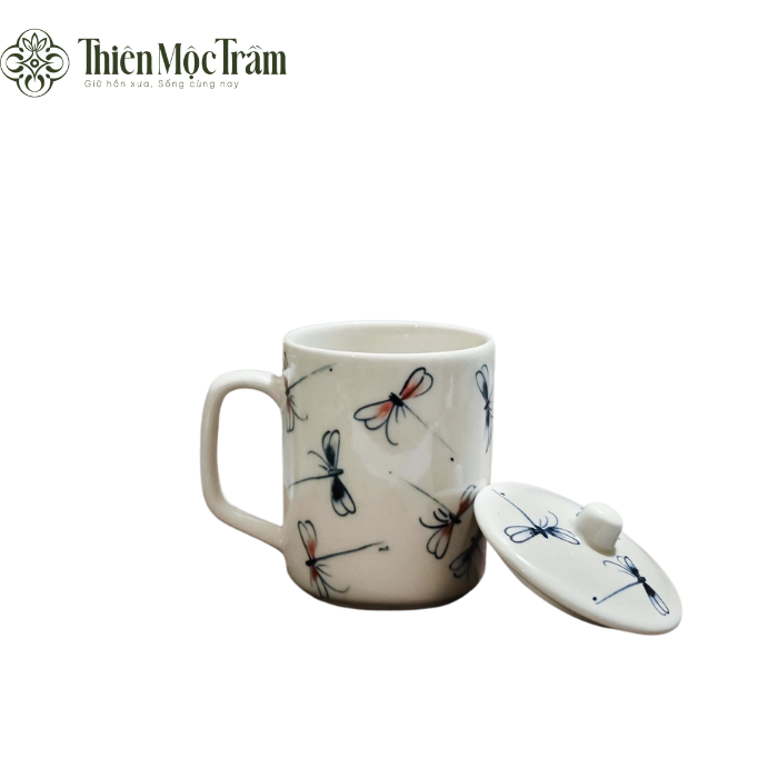 Cốc Sứ Bát Tràng Vẽ Chuồn Chuồn Có Nắp