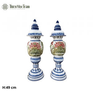 Đôi Đèn Thờ Gốm Sứ Bát Tràng Men Màu Hoa Sen