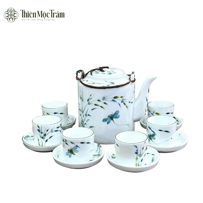 Bộ Ấm Chén Gốm Sứ Bát Tràng Chuồn Chuồn Xanh